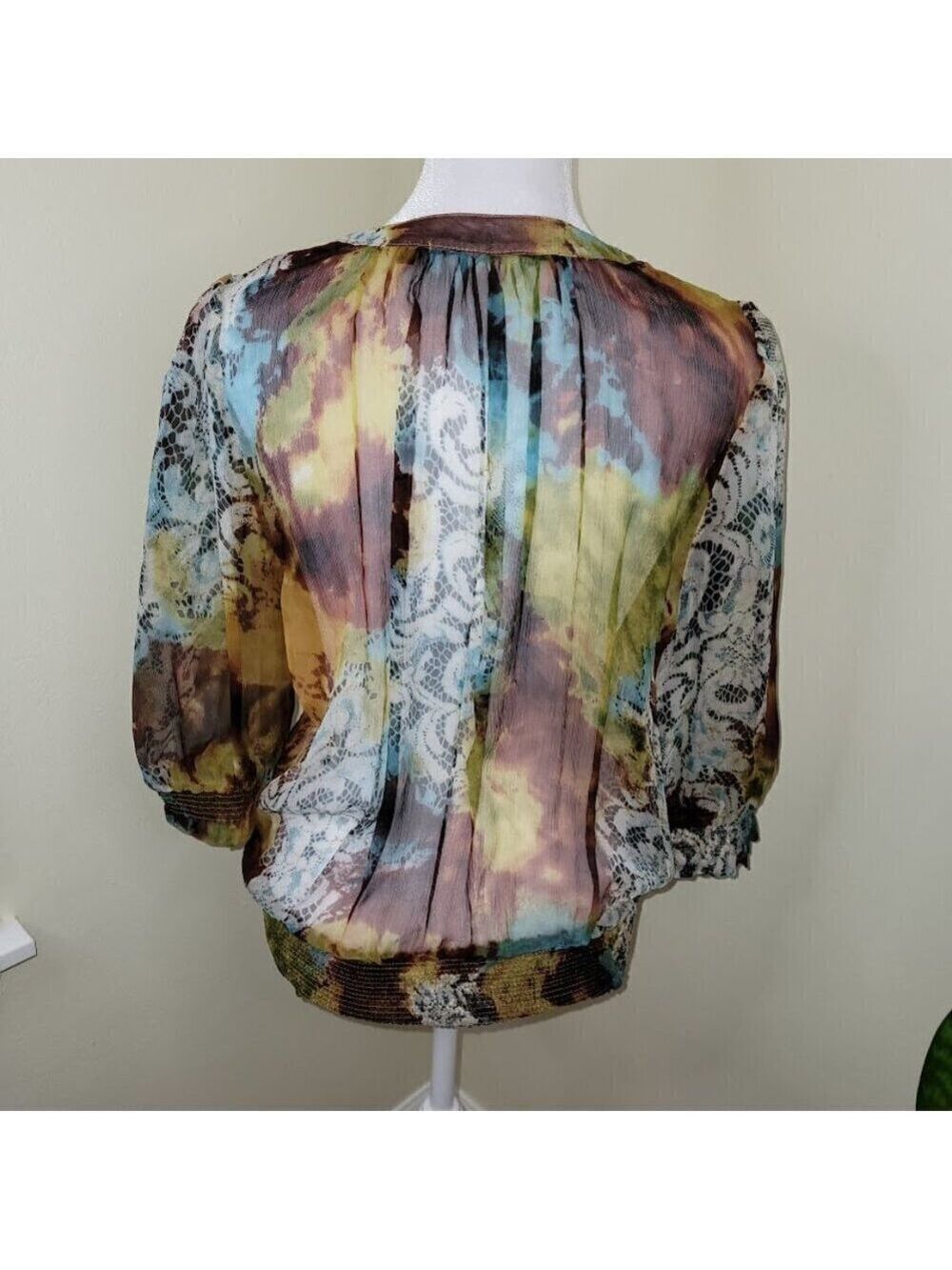 Everest Apparel Silk Blouse Sheer Multicolored Elastic Waist Top Women's Size S - Picture 6 of 14